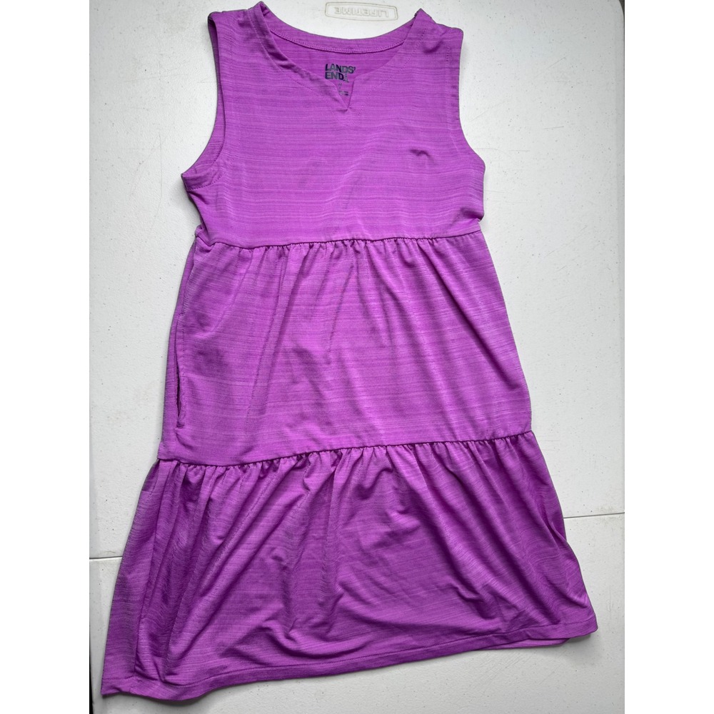 Lands End Girls Purple Tiered Knit Sleeveless Dress Size M 8‎ Slub Jersey Pocket